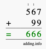 Calculate 567 + 99 using long addition