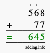 Calculate 568 + 77 using long addition