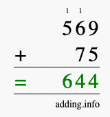 Calculate 569 + 75 using long addition