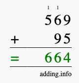 Calculate 569 + 95 using long addition