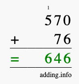 Calculate 570 + 76 using long addition