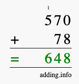 Calculate 570 + 78 using long addition