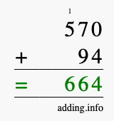 Calculate 570 + 94 using long addition
