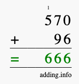 Calculate 570 + 96 using long addition
