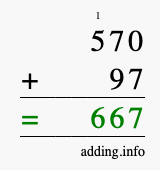 Calculate 570 + 97 using long addition