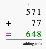 Calculate 571 + 77 using long addition
