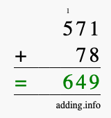 Calculate 571 + 78 using long addition