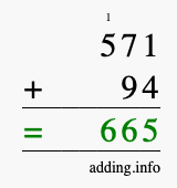Calculate 571 + 94 using long addition