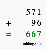 Calculate 571 + 96 using long addition
