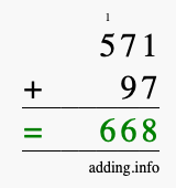 Calculate 571 + 97 using long addition