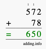 Calculate 572 + 78 using long addition