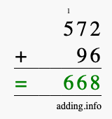 Calculate 572 + 96 using long addition