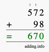 Calculate 572 + 98 using long addition