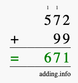 Calculate 572 + 99 using long addition