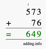 Calculate 573 + 76 using long addition