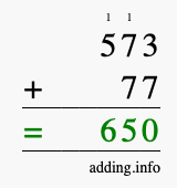 Calculate 573 + 77 using long addition