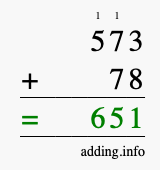 Calculate 573 + 78 using long addition