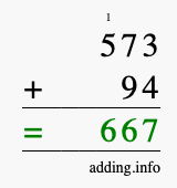 Calculate 573 + 94 using long addition