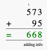 Calculate 573 + 95 using long addition