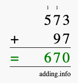 Calculate 573 + 97 using long addition
