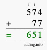 Calculate 574 + 77 using long addition