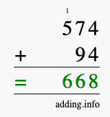 Calculate 574 + 94 using long addition