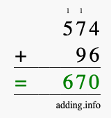 Calculate 574 + 96 using long addition