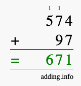 Calculate 574 + 97 using long addition