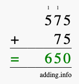 Calculate 575 + 75 using long addition