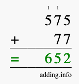 Calculate 575 + 77 using long addition