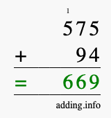 Calculate 575 + 94 using long addition