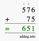 Calculate 576 + 75 using long addition