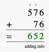 Calculate 576 + 76 using long addition