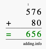 Calculate 576 + 80 using long addition