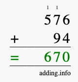 Calculate 576 + 94 using long addition