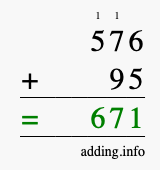 Calculate 576 + 95 using long addition