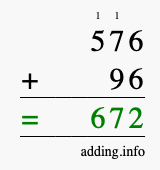 Calculate 576 + 96 using long addition