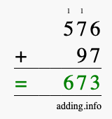 Calculate 576 + 97 using long addition