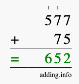 Calculate 577 + 75 using long addition