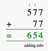 Calculate 577 + 77 using long addition