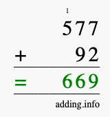 Calculate 577 + 92 using long addition