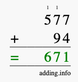 Calculate 577 + 94 using long addition