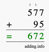 Calculate 577 + 95 using long addition