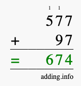 Calculate 577 + 97 using long addition
