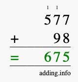 Calculate 577 + 98 using long addition
