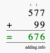 Calculate 577 + 99 using long addition