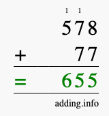 Calculate 578 + 77 using long addition