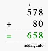 Calculate 578 + 80 using long addition