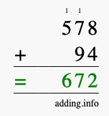 Calculate 578 + 94 using long addition
