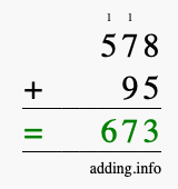 Calculate 578 + 95 using long addition